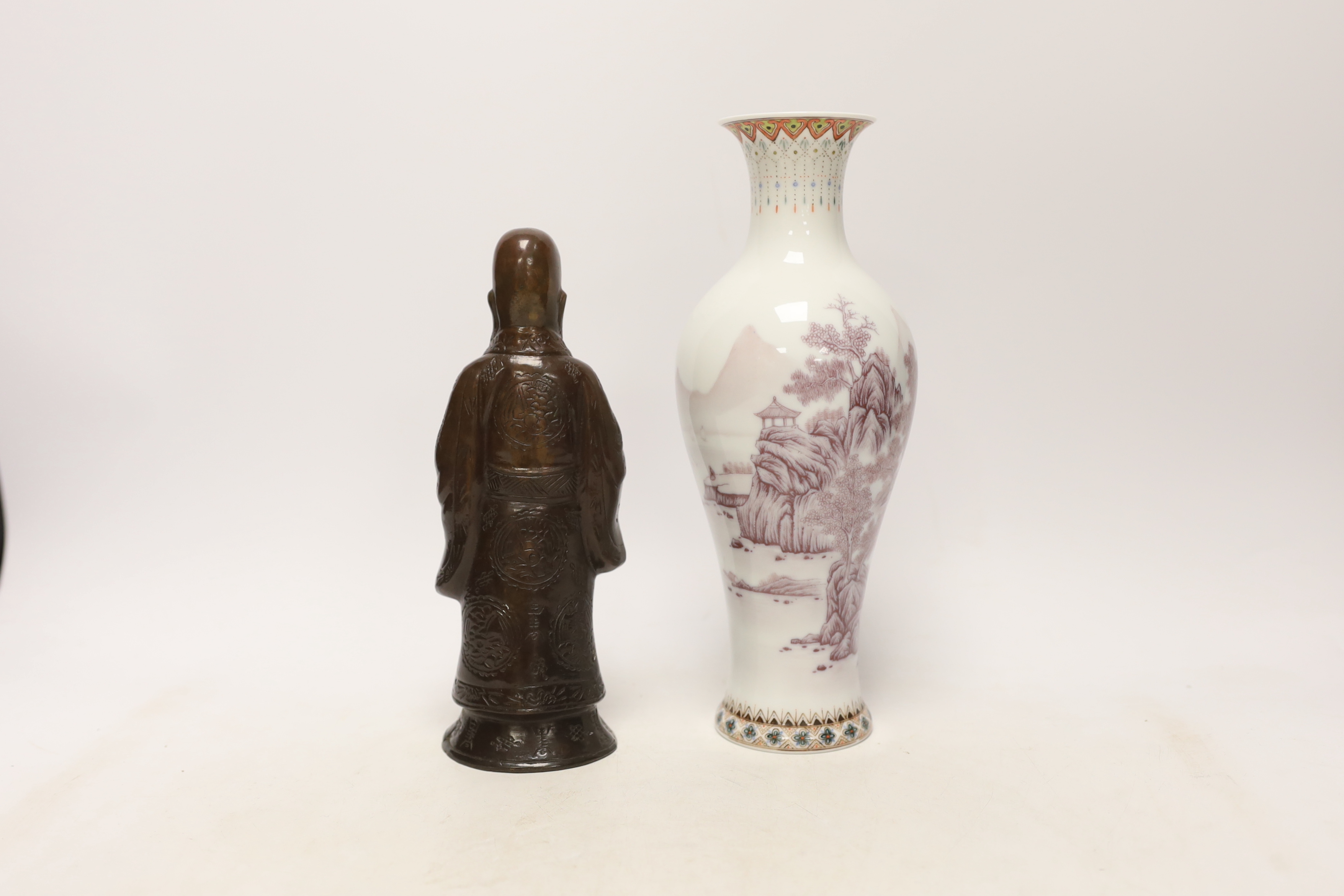 A Chinese bronze figure of Shou Lao and a Chinese Republic period vase, 1991, largest 26cm high